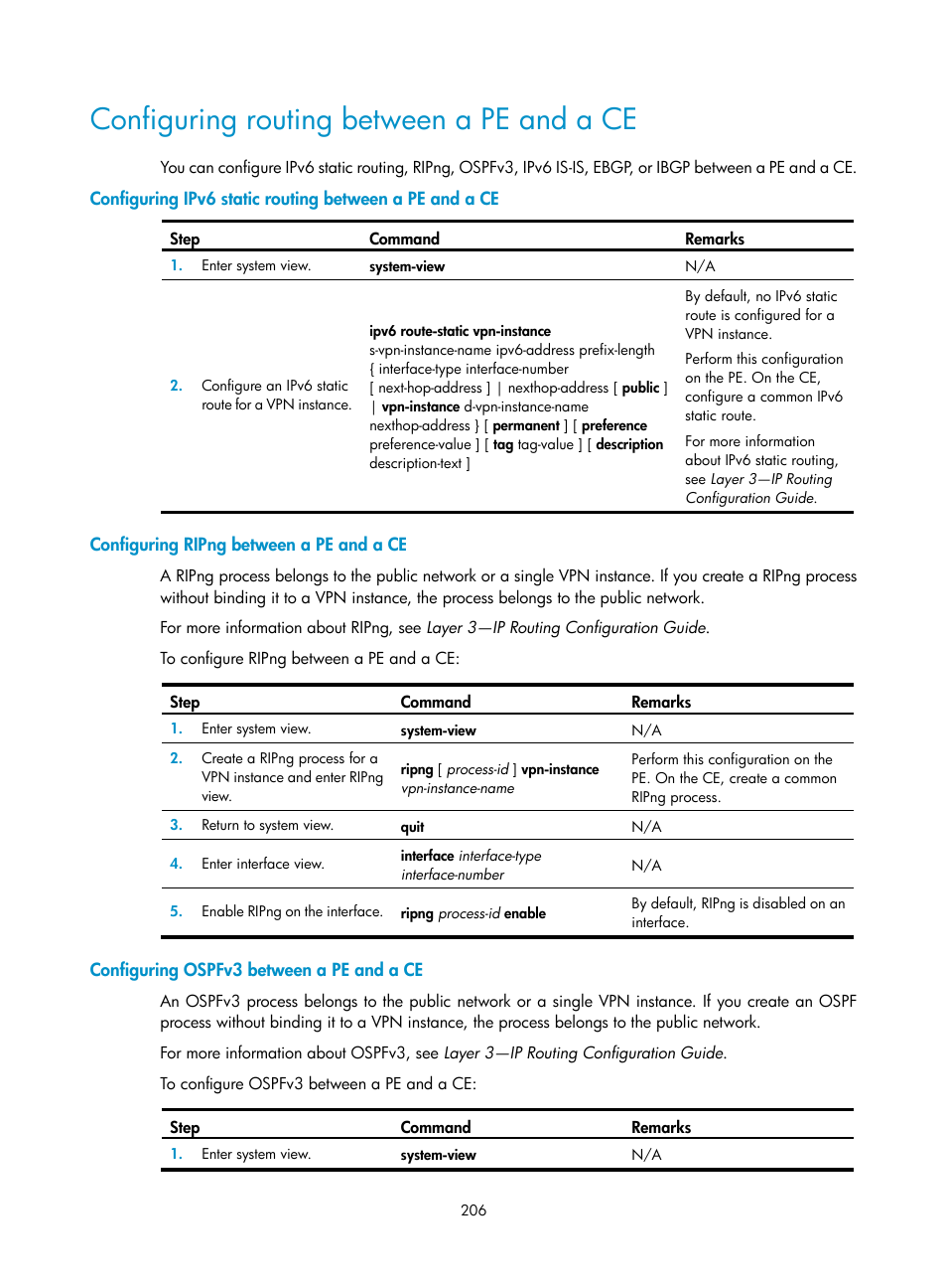 Configuring routing between a pe and a ce, Configuring ripng between a pe and a ce, Configuring ospfv3 between a pe and a ce | Required.) | H3C Technologies H3C S12500-X Series Switches User Manual | Page 217 / 397