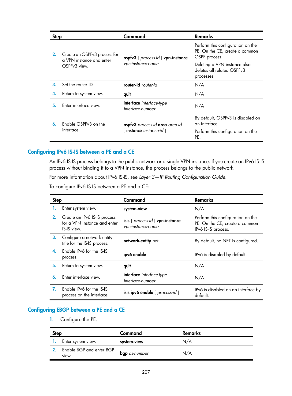 Configuring ipv6 is-is between a pe and a ce, Configuring ebgp between a pe and a ce, Configuring mpls l3vpn inter-as option c | H3C Technologies H3C S12500-X Series Switches User Manual | Page 218 / 397