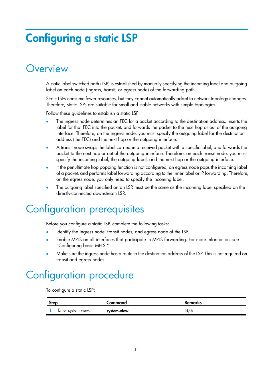 Configuring a static lsp, Overview, Configuration prerequisites | Configuration procedure | H3C Technologies H3C S12500-X Series Switches User Manual | Page 22 / 397