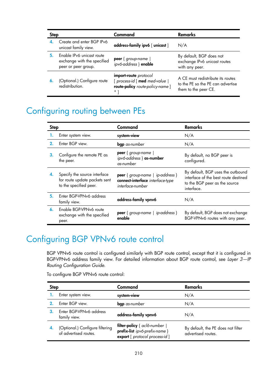 Configuring routing between pes, Configuring bgp vpnv6 route control, Required.) | H3C Technologies H3C S12500-X Series Switches User Manual | Page 221 / 397