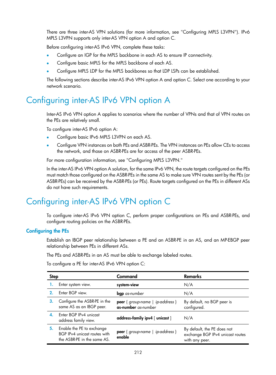 Configuring inter-as ipv6 vpn option a, Configuring inter-as ipv6 vpn option c, Configuring the pes | H3C Technologies H3C S12500-X Series Switches User Manual | Page 223 / 397