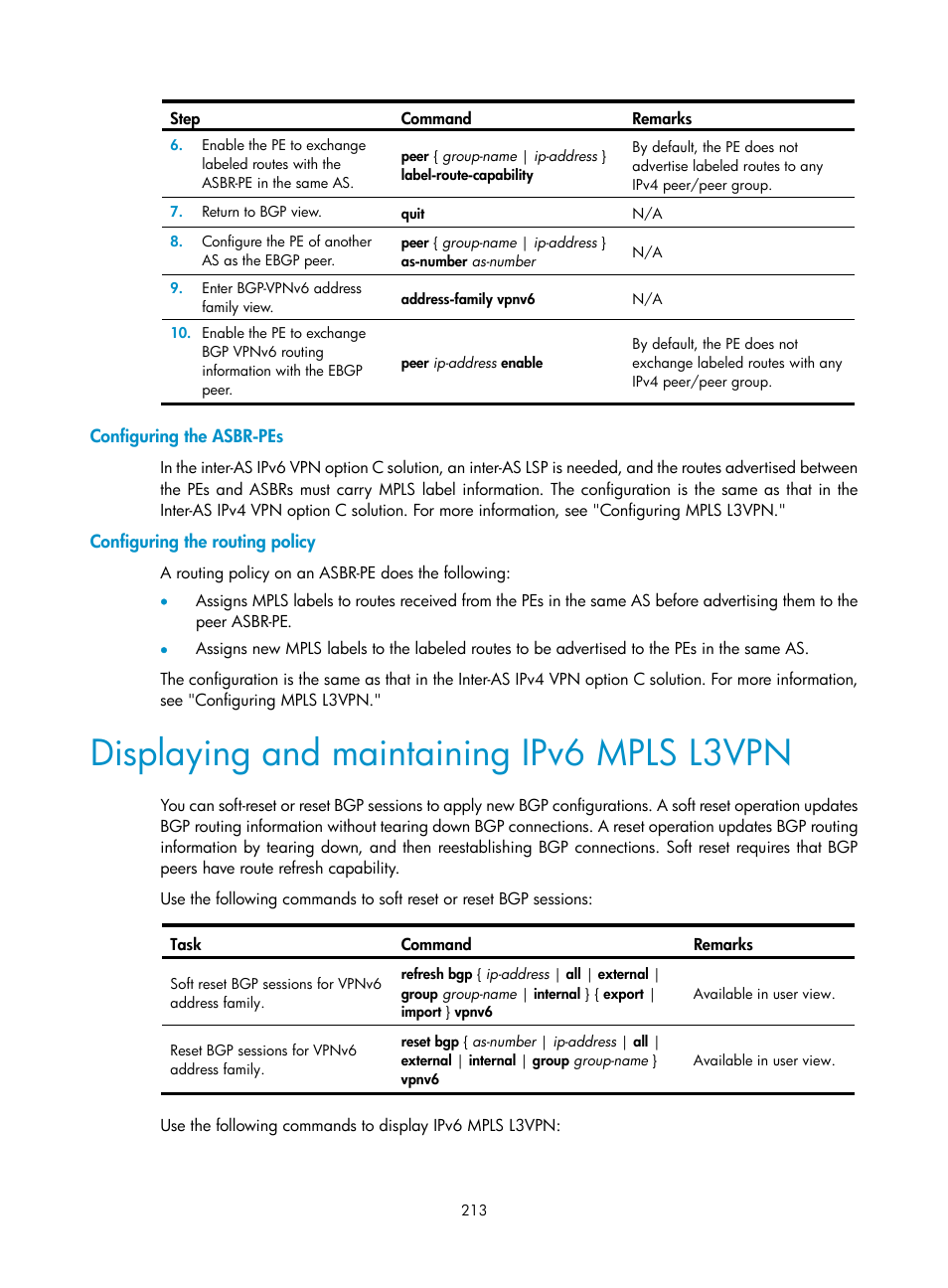 Configuring the asbr-pes, Configuring the routing policy, Displaying and maintaining ipv6 mpls l3vpn | H3C Technologies H3C S12500-X Series Switches User Manual | Page 224 / 397