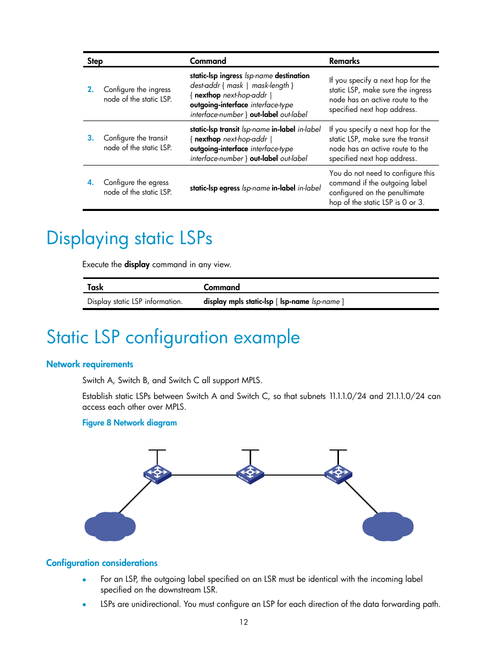 Displaying static lsps, Static lsp configuration example, Network requirements | Configuration considerations, Enabling sending of mpls ttl-expired messages, Enabling snmp notifications for mpls | H3C Technologies H3C S12500-X Series Switches User Manual | Page 23 / 397