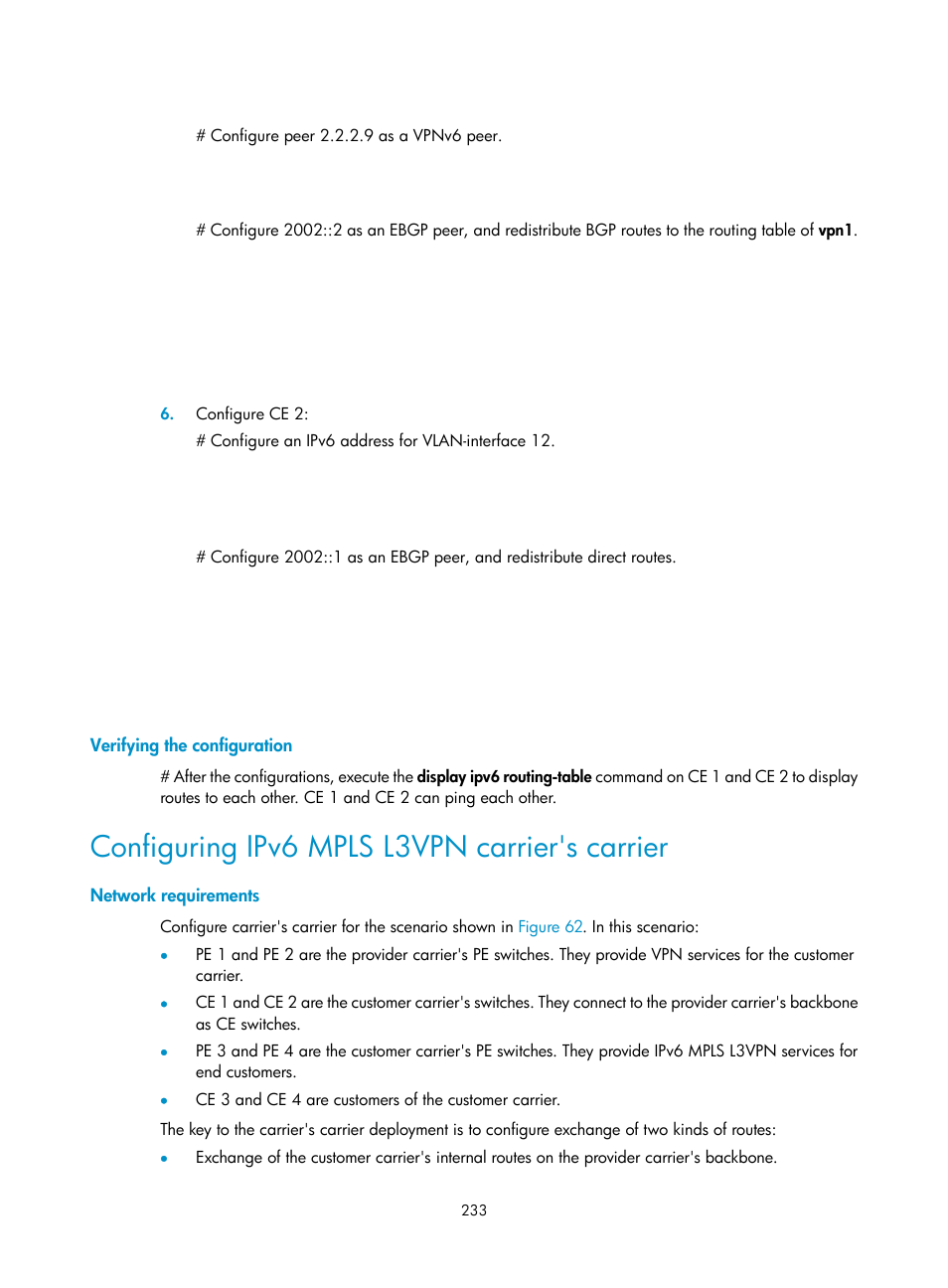 Verifying the configuration, Configuring ipv6 mpls l3vpn carrier's carrier, Network requirements | H3C Technologies H3C S12500-X Series Switches User Manual | Page 244 / 397