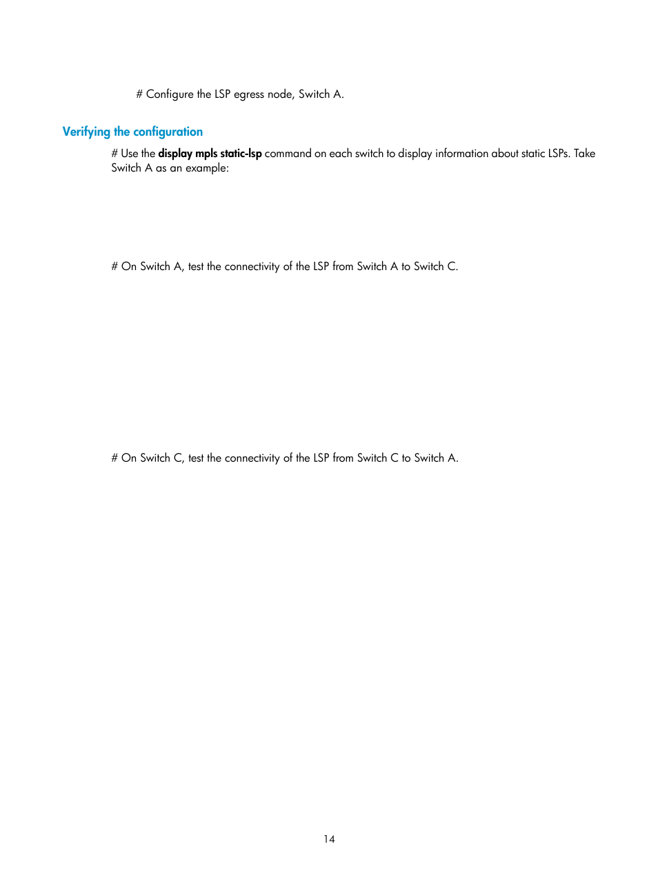 Verifying the configuration, Configuring a static lsp, Overview | H3C Technologies H3C S12500-X Series Switches User Manual | Page 25 / 397