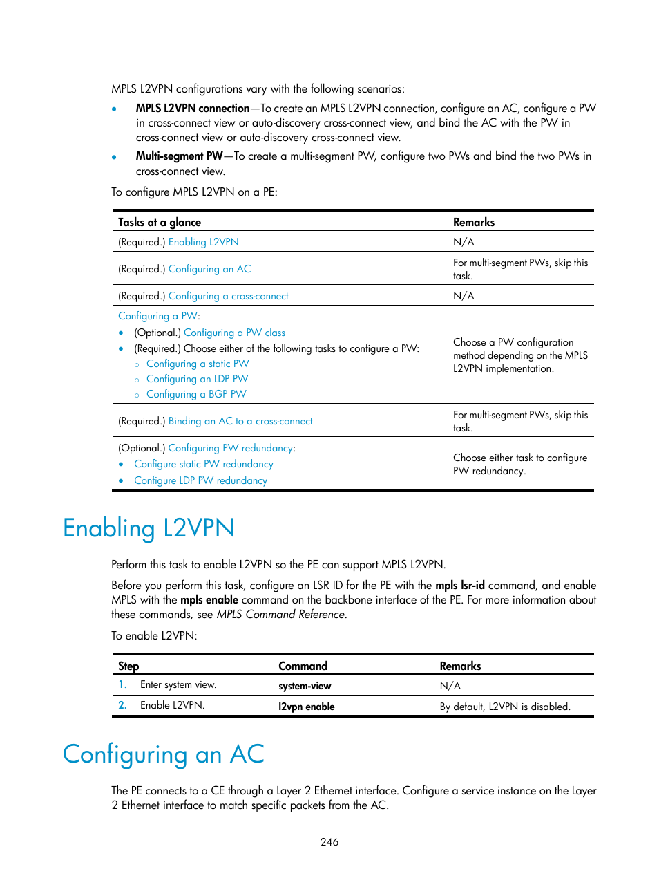 Enabling l2vpn, Configuring an ac | H3C Technologies H3C S12500-X Series Switches User Manual | Page 257 / 397