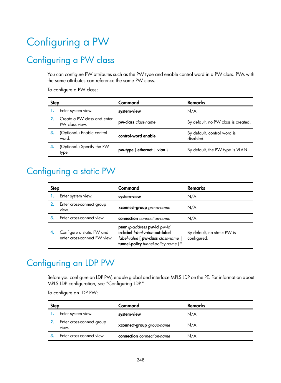 Configuring a pw, Configuring a pw class, Configuring a static pw | Configuring an ldp pw, Configuring ipv6 mpls l3vpn, Overview | H3C Technologies H3C S12500-X Series Switches User Manual | Page 259 / 397