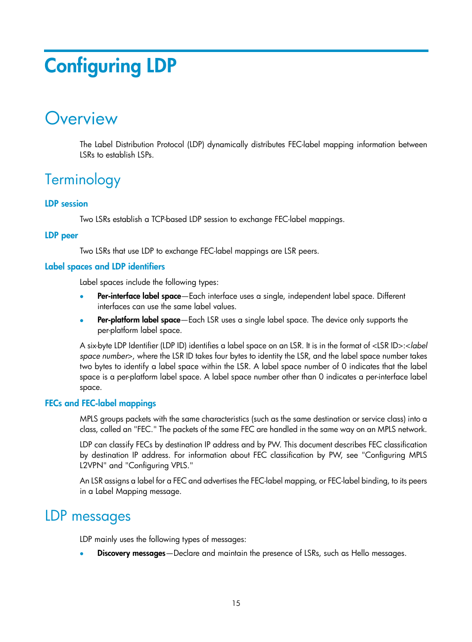 Configuring ldp, Overview, Terminology | Ldp session, Ldp peer, Label spaces and ldp identifiers, Fecs and fec-label mappings, Ldp messages, Configuration prerequisites, Configuration procedure | H3C Technologies H3C S12500-X Series Switches User Manual | Page 26 / 397