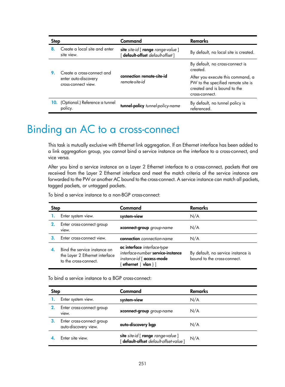 Binding an ac to a cross-connect, Ipv6 mpls l3vpn configuration task list, Configuring basic ipv6 mpls l3vpn | Required.) | H3C Technologies H3C S12500-X Series Switches User Manual | Page 262 / 397