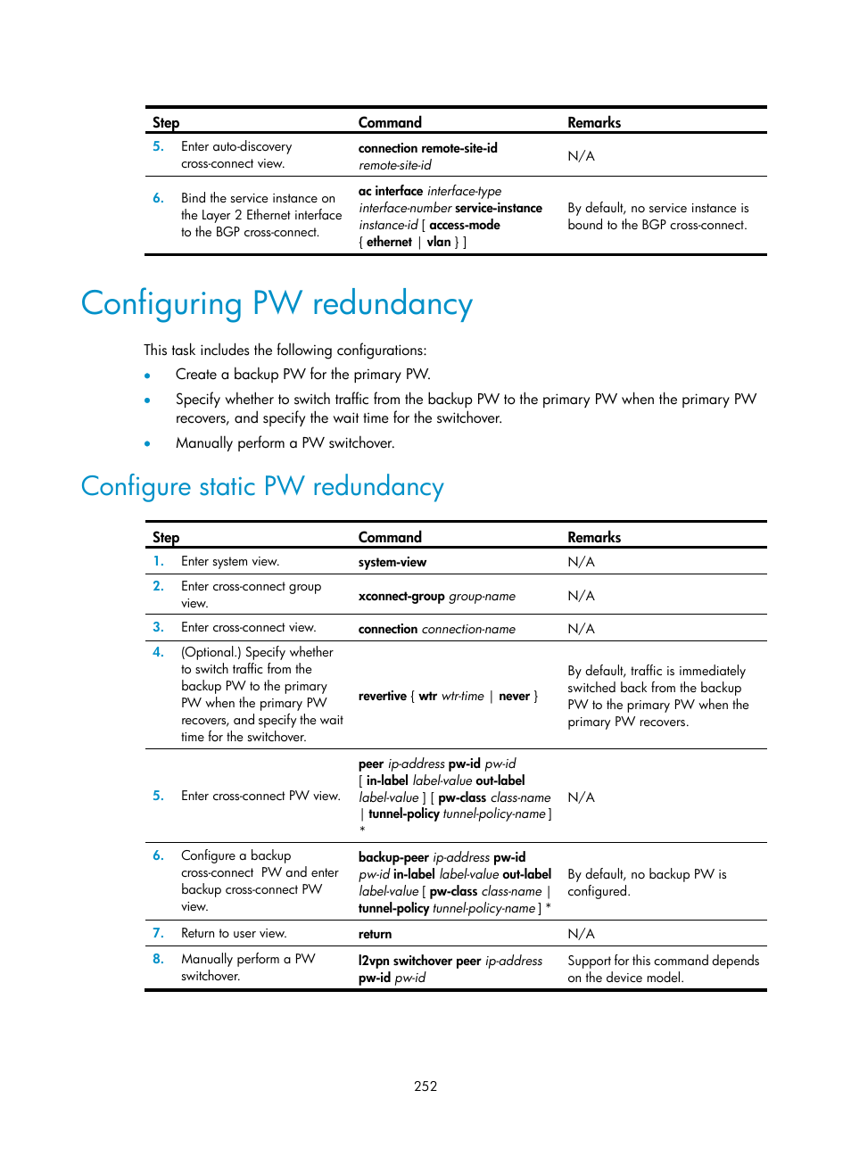 Configuring pw redundancy, Configure static pw redundancy | H3C Technologies H3C S12500-X Series Switches User Manual | Page 263 / 397