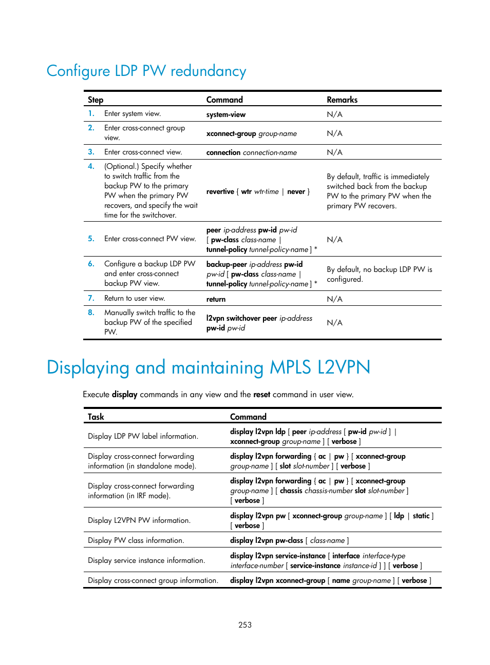 Configure ldp pw redundancy, Displaying and maintaining mpls l2vpn, Configuring vpn instances | H3C Technologies H3C S12500-X Series Switches User Manual | Page 264 / 397