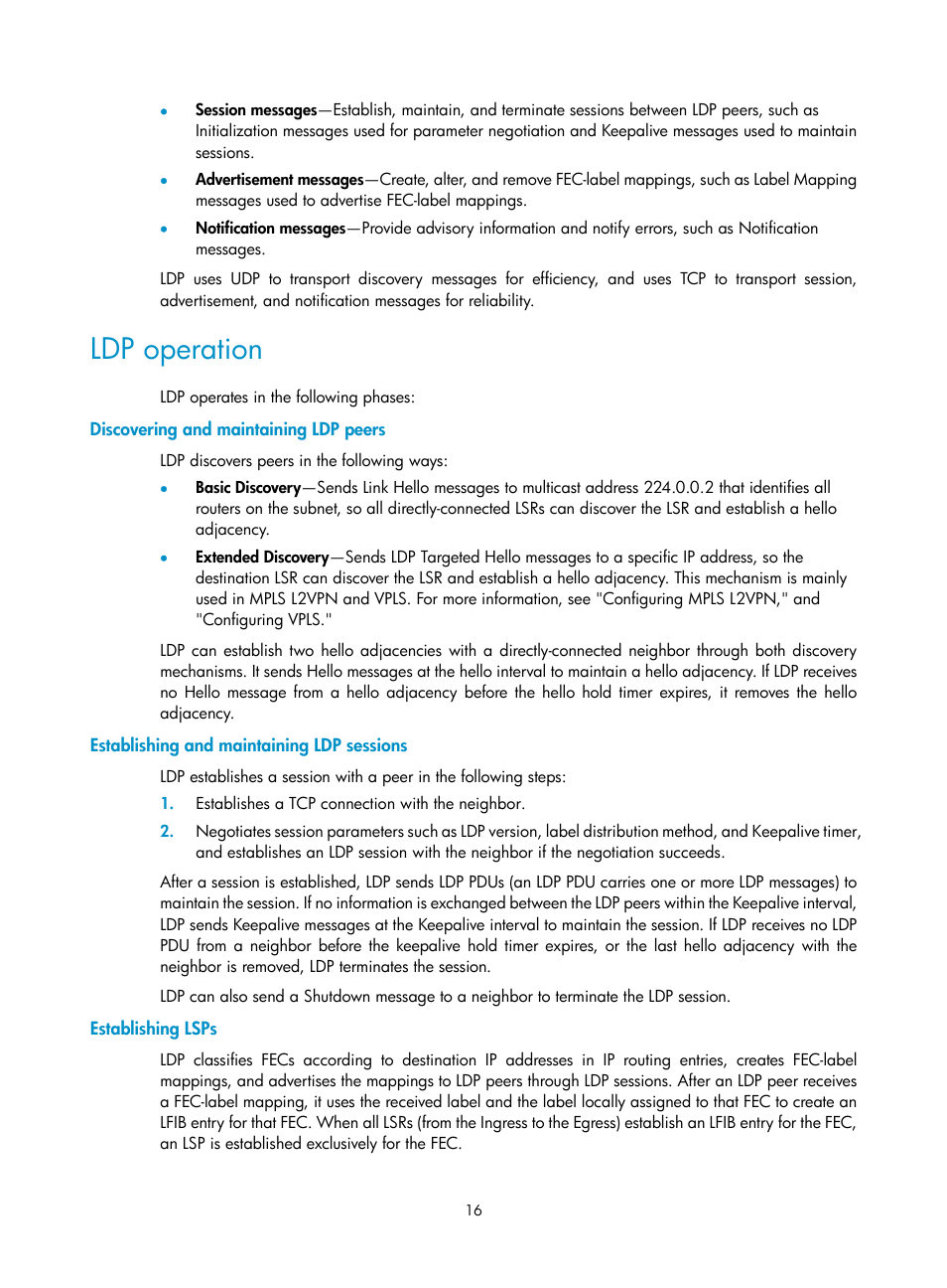 Ldp operation, Discovering and maintaining ldp peers, Establishing and maintaining ldp sessions | Establishing lsps | H3C Technologies H3C S12500-X Series Switches User Manual | Page 27 / 397