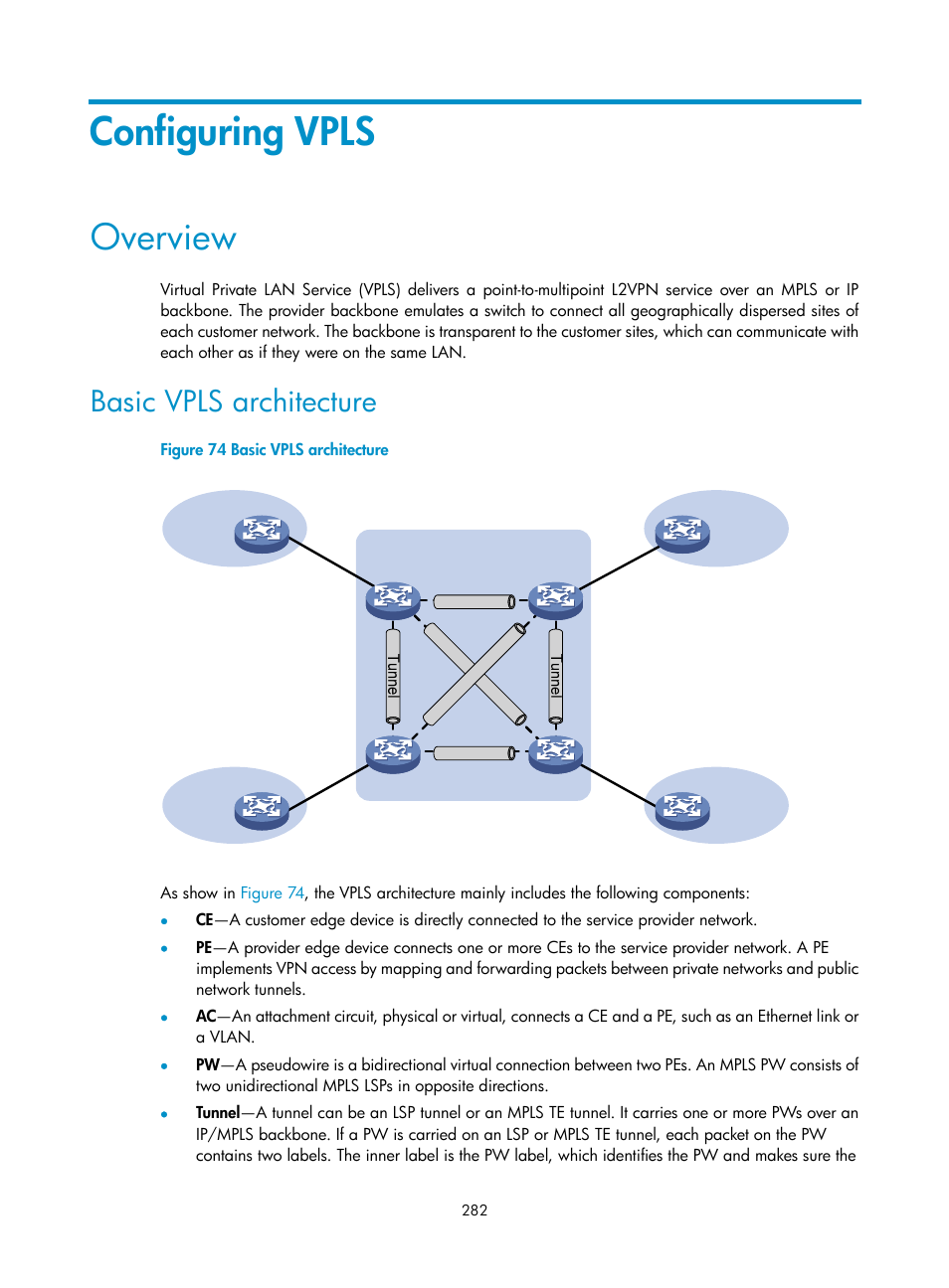 Configuring vpls, Overview, Basic vpls architecture | H3C Technologies H3C S12500-X Series Switches User Manual | Page 293 / 397