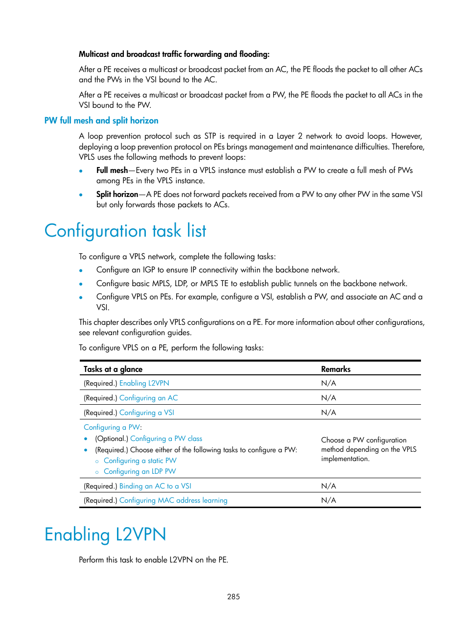 Pw full mesh and split horizon, Configuration task list, Enabling l2vpn | H3C Technologies H3C S12500-X Series Switches User Manual | Page 296 / 397