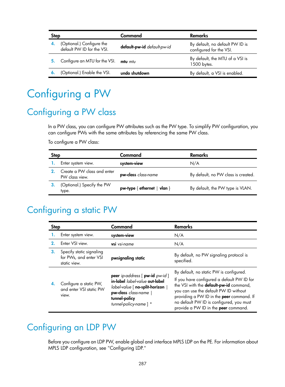 Configuring a pw, Configuring a pw class, Configuring a static pw | Configuring an ldp pw | H3C Technologies H3C S12500-X Series Switches User Manual | Page 298 / 397