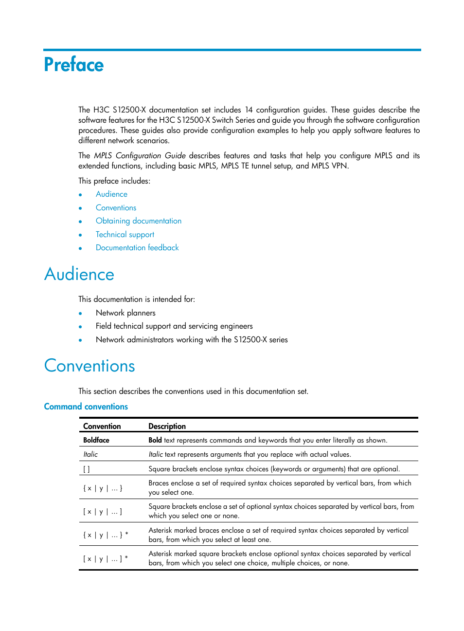 Preface, Audience, Conventions | Command conventions | H3C Technologies H3C S12500-X Series Switches User Manual | Page 3 / 397