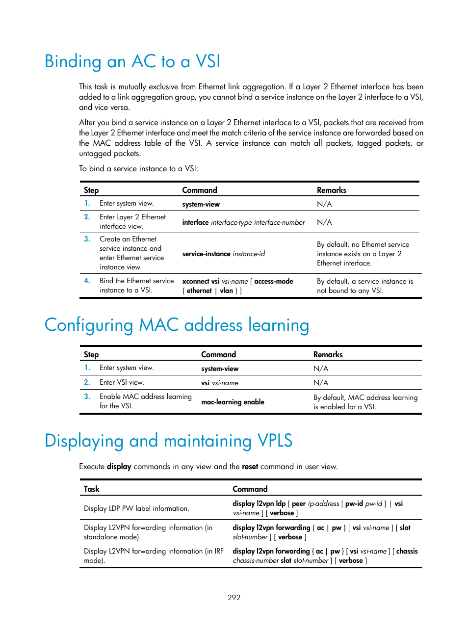 Binding an ac to a vsi, Configuring mac address learning, Displaying and maintaining vpls | Required.) | H3C Technologies H3C S12500-X Series Switches User Manual | Page 303 / 397