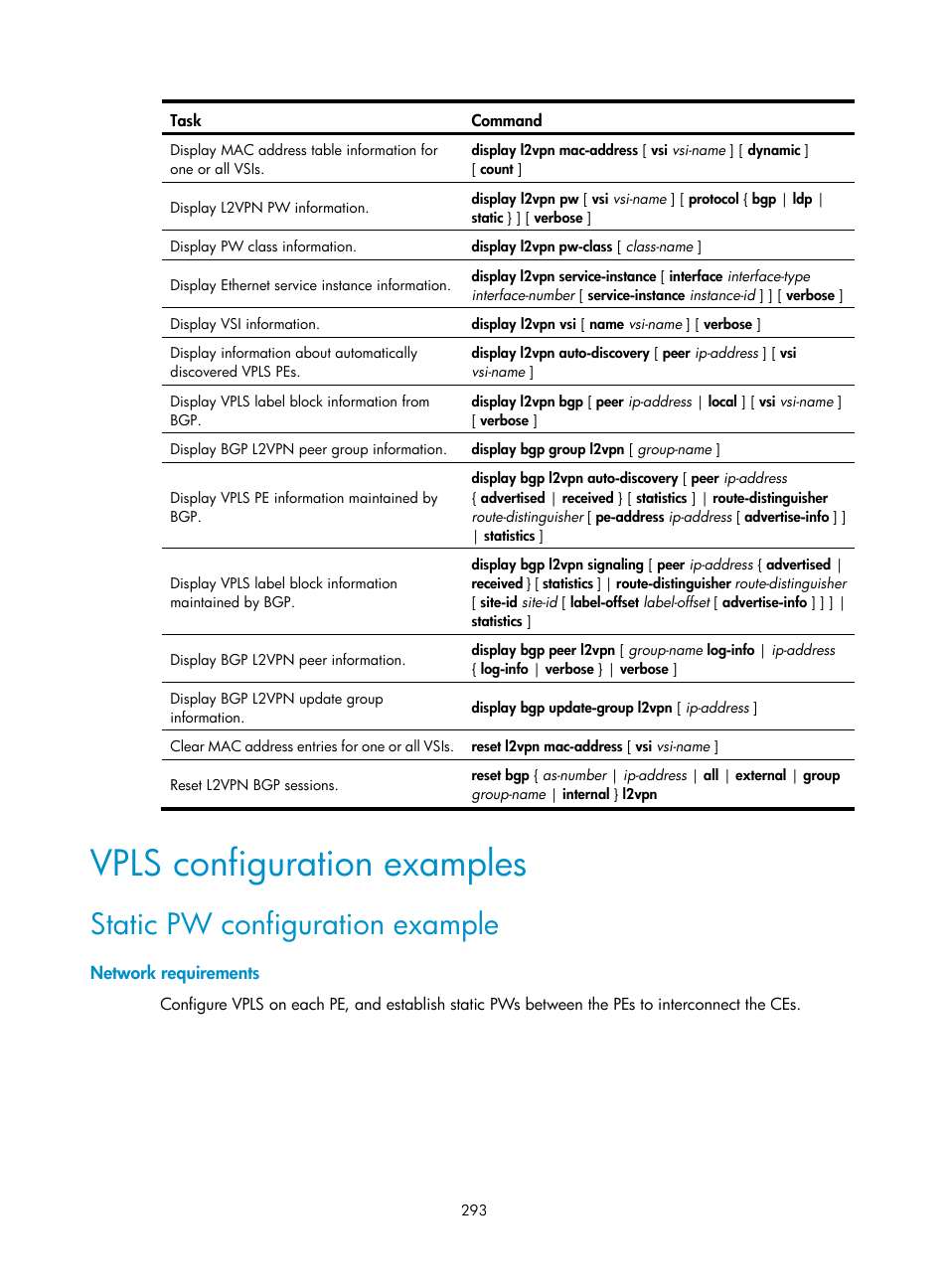 Vpls configuration examples, Static pw configuration example, Network requirements | H3C Technologies H3C S12500-X Series Switches User Manual | Page 304 / 397