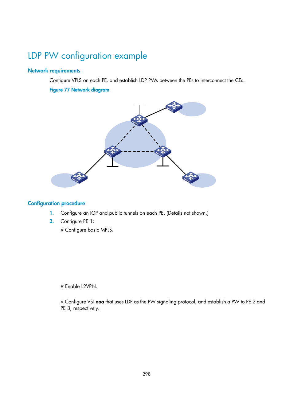 Ldp pw configuration example, Network requirements, Configuration procedure | Configuring mpls l2vpn, Overview, Basic concepts of mpls l2vpn | H3C Technologies H3C S12500-X Series Switches User Manual | Page 309 / 397