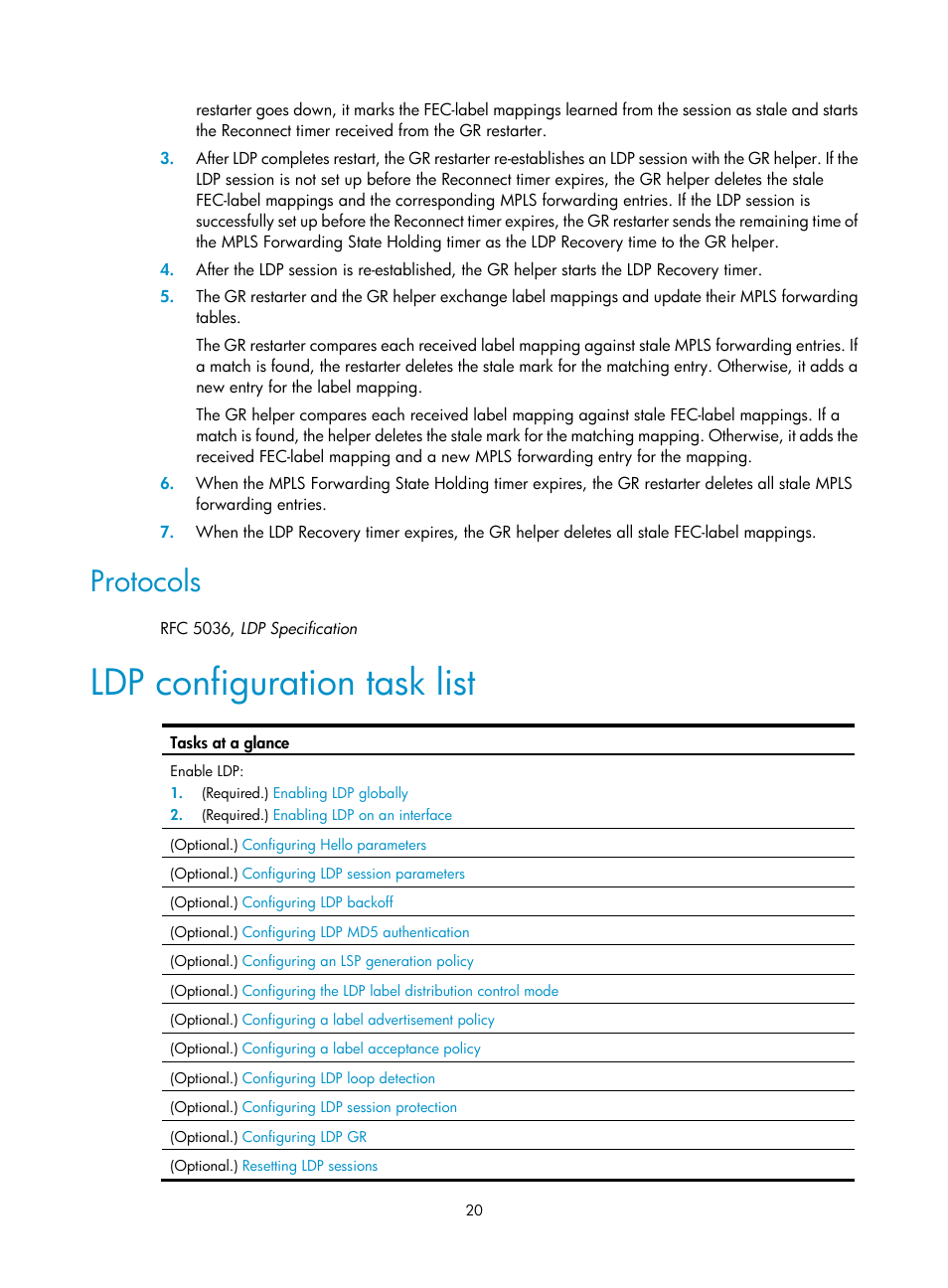 Protocols, Ldp configuration task list, Ldp messages | H3C Technologies H3C S12500-X Series Switches User Manual | Page 31 / 397