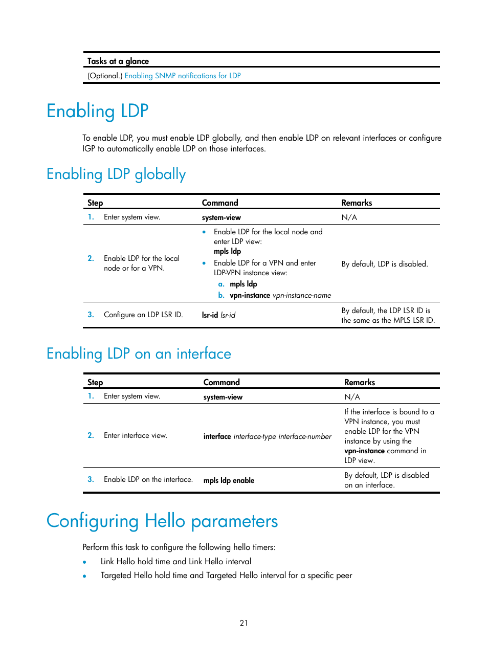 Enabling ldp, Enabling ldp globally, Enabling ldp on an interface | Configuring hello parameters, Ldp operation | H3C Technologies H3C S12500-X Series Switches User Manual | Page 32 / 397