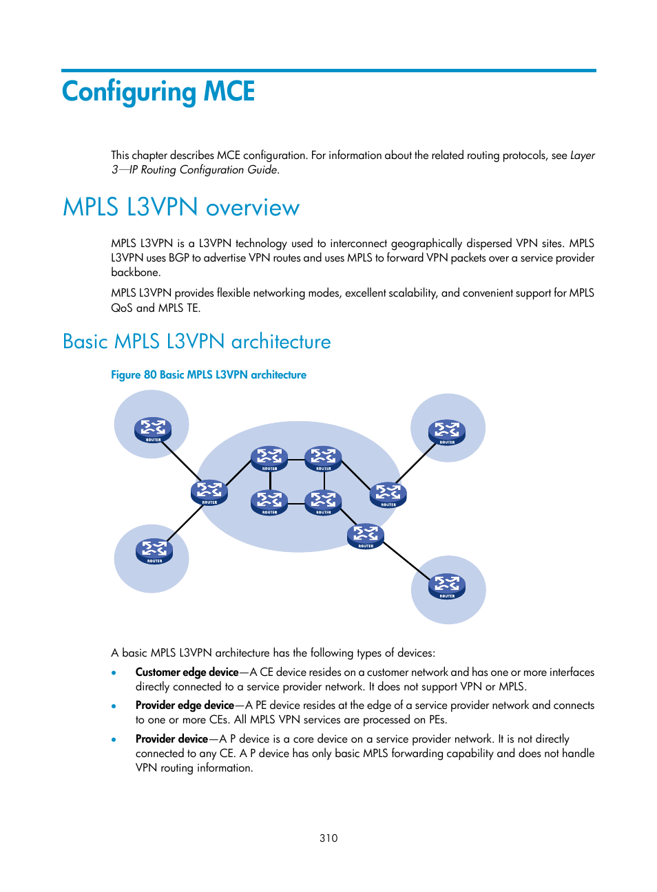 Configuring mce, Mpls l3vpn overview, Basic mpls l3vpn architecture | Configuring a bgp pw | H3C Technologies H3C S12500-X Series Switches User Manual | Page 321 / 397