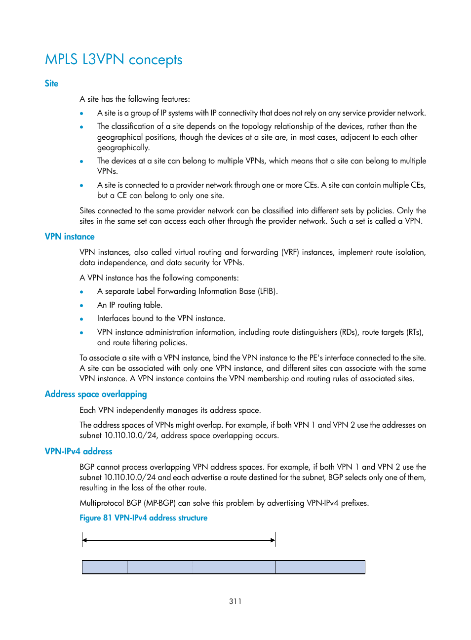Mpls l3vpn concepts, Site, Vpn instance | Address space overlapping, Vpn-ipv4 address | H3C Technologies H3C S12500-X Series Switches User Manual | Page 322 / 397
