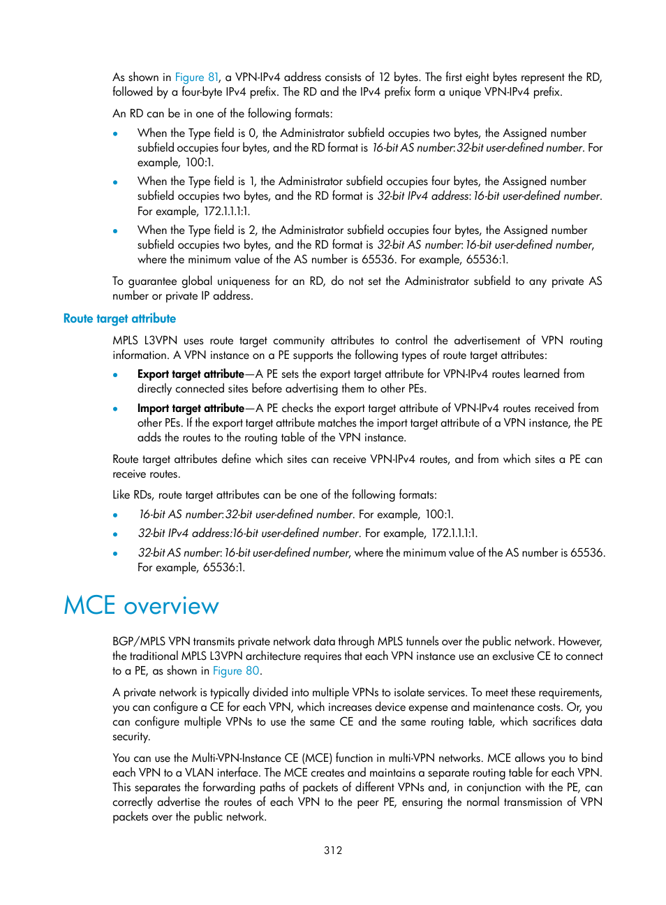 Route target attribute, Mce overview, Binding an ac to a cross-connect | H3C Technologies H3C S12500-X Series Switches User Manual | Page 323 / 397