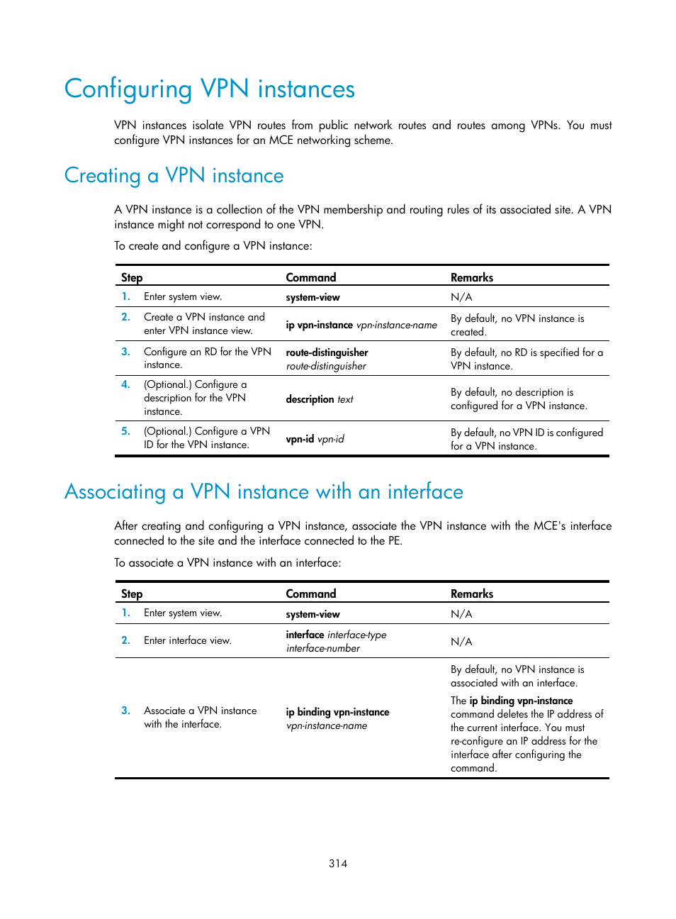 Configuring vpn instances, Creating a vpn instance, Associating a vpn instance with an interface | Configuring pw redundancy | H3C Technologies H3C S12500-X Series Switches User Manual | Page 325 / 397