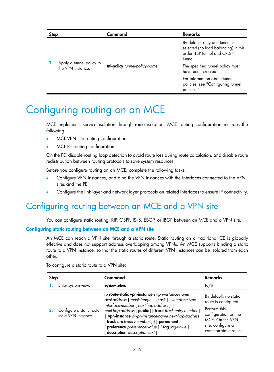 Configuring routing on an mce, Configuring routing between an mce and a vpn site, Configure ldp pw redundancy | Displaying and maintaining mpls l2vpn | H3C Technologies H3C S12500-X Series Switches User Manual | Page 327 / 397