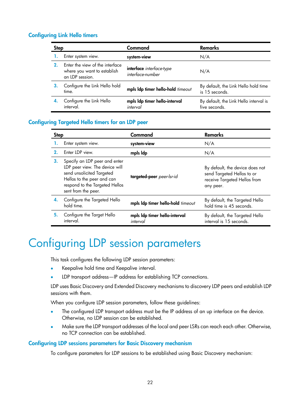 Configuring link hello timers, Configuring targeted hello timers for an ldp peer, Configuring ldp session parameters | H3C Technologies H3C S12500-X Series Switches User Manual | Page 33 / 397