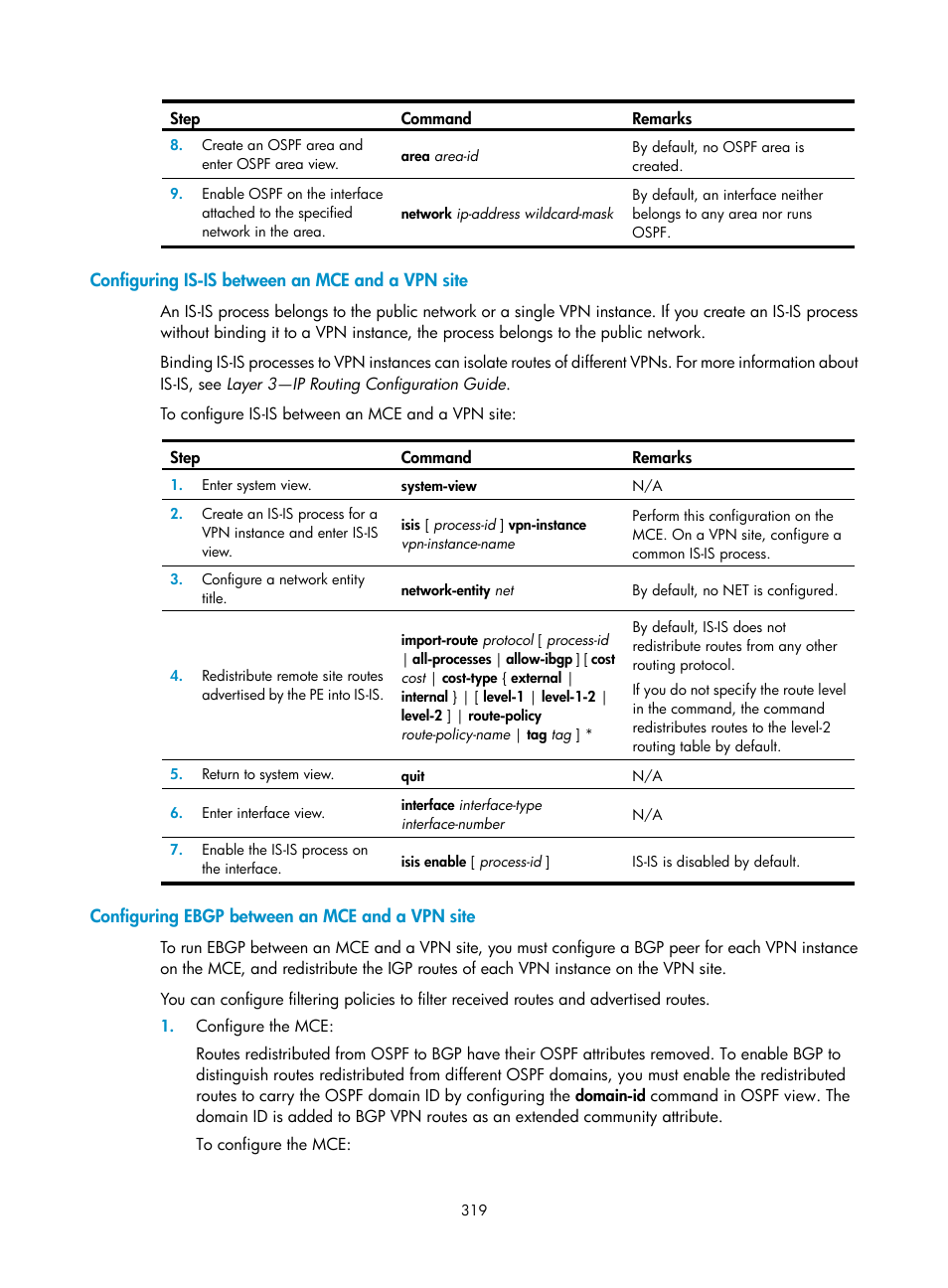Configuring is-is between an mce and a vpn site, Configuring ebgp between an mce and a vpn site | H3C Technologies H3C S12500-X Series Switches User Manual | Page 330 / 397