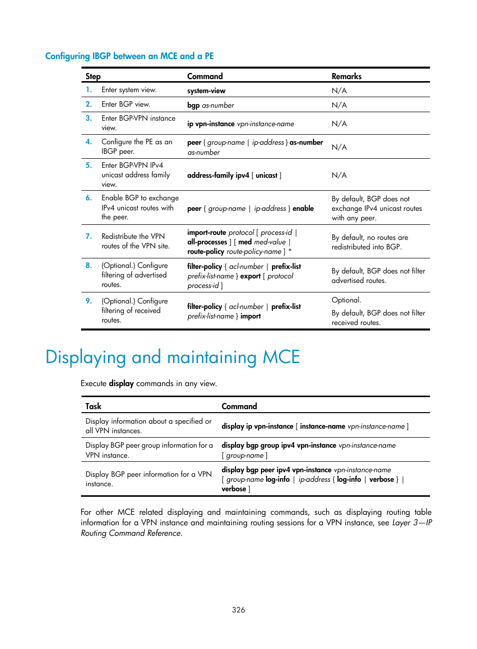 Configuring ibgp between an mce and a pe, Displaying and maintaining mce, Configuring a bgp pw | H3C Technologies H3C S12500-X Series Switches User Manual | Page 337 / 397