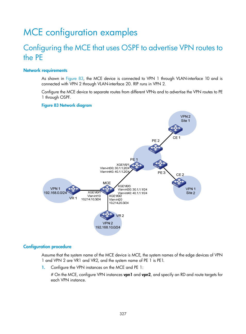 Mce configuration examples, Network requirements, Configuration procedure | H3C Technologies H3C S12500-X Series Switches User Manual | Page 338 / 397