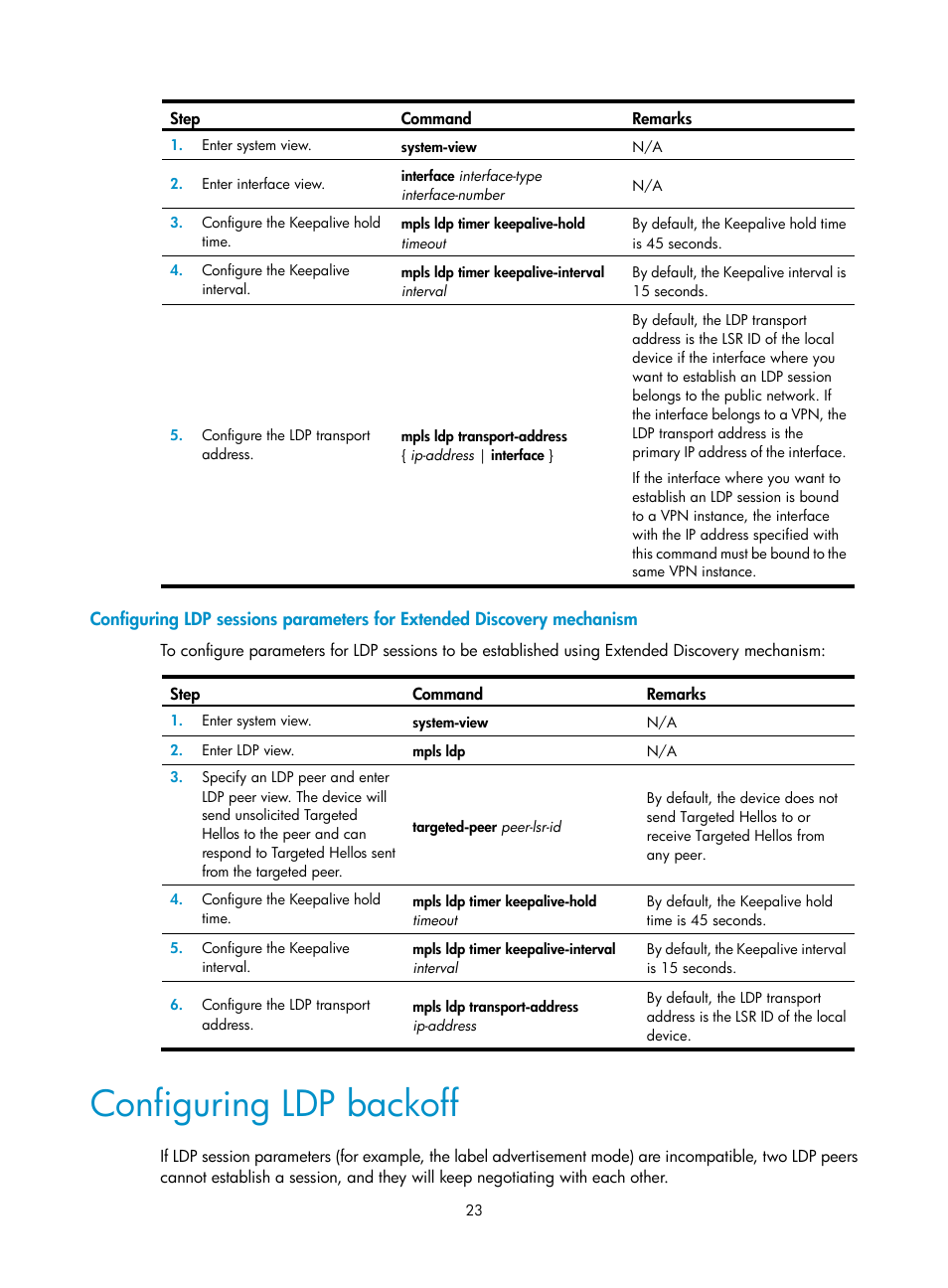 Configuring ldp backoff, Label distribution and control | H3C Technologies H3C S12500-X Series Switches User Manual | Page 34 / 397