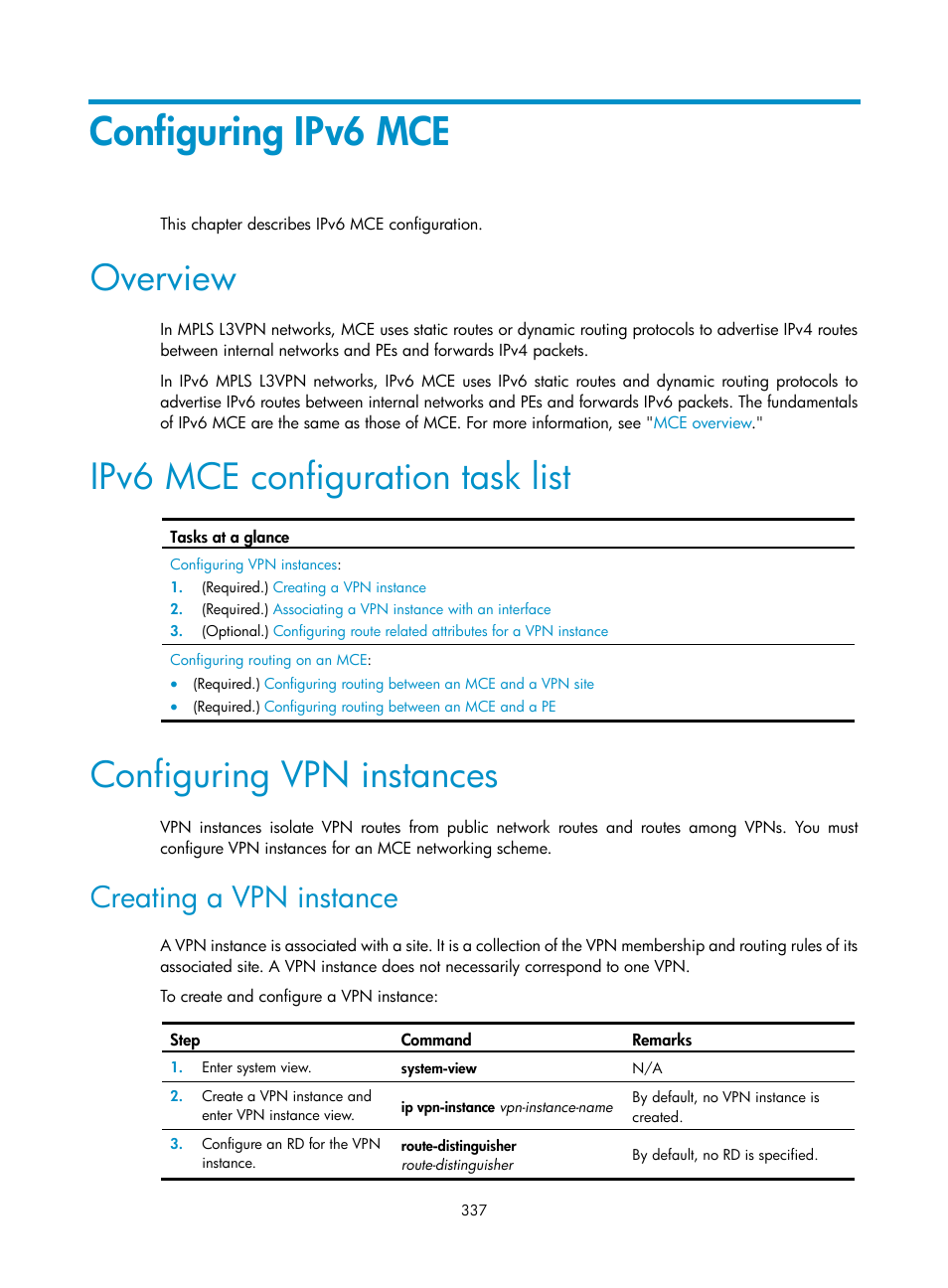 Configuring ipv6 mce, Overview, Ipv6 mce configuration task list | Configuring vpn instances, Creating a vpn instance, Configuring an intra-domain multi-segment pw | H3C Technologies H3C S12500-X Series Switches User Manual | Page 348 / 397