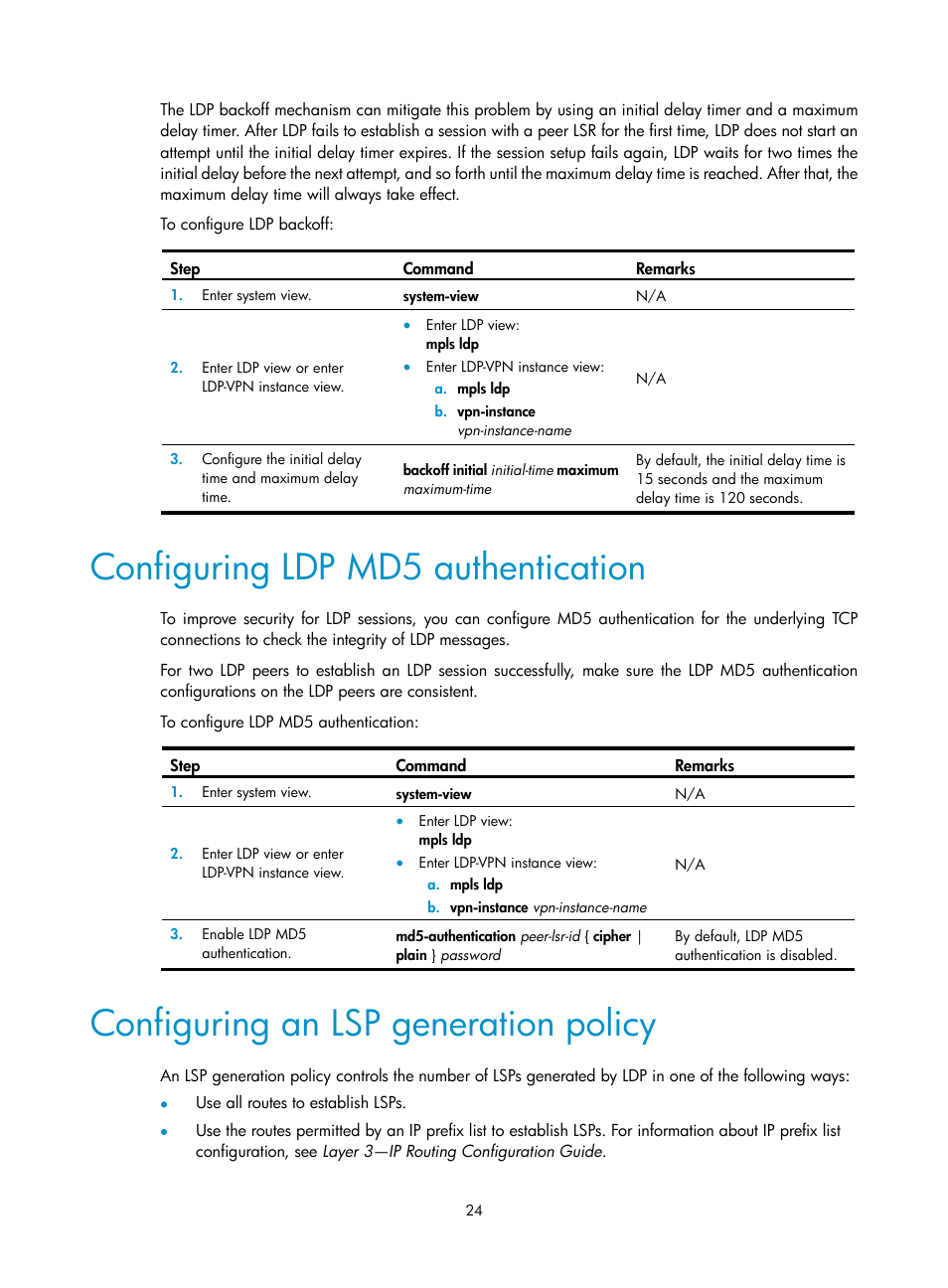 Configuring ldp md5 authentication, Configuring an lsp generation policy | H3C Technologies H3C S12500-X Series Switches User Manual | Page 35 / 397