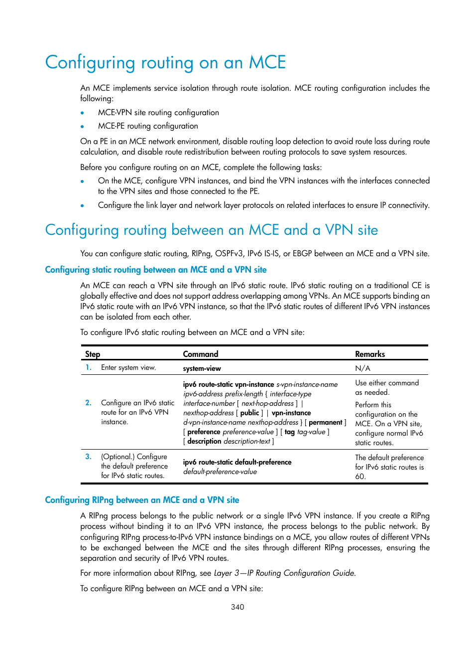 Configuring routing on an mce, Configuring routing between an mce and a vpn site, Configuring ripng between an mce and a vpn site | H3C Technologies H3C S12500-X Series Switches User Manual | Page 351 / 397