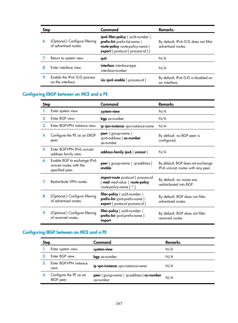 Configuring ebgp between an mce and a pe, Configuring ibgp between an mce and a pe | H3C Technologies H3C S12500-X Series Switches User Manual | Page 358 / 397