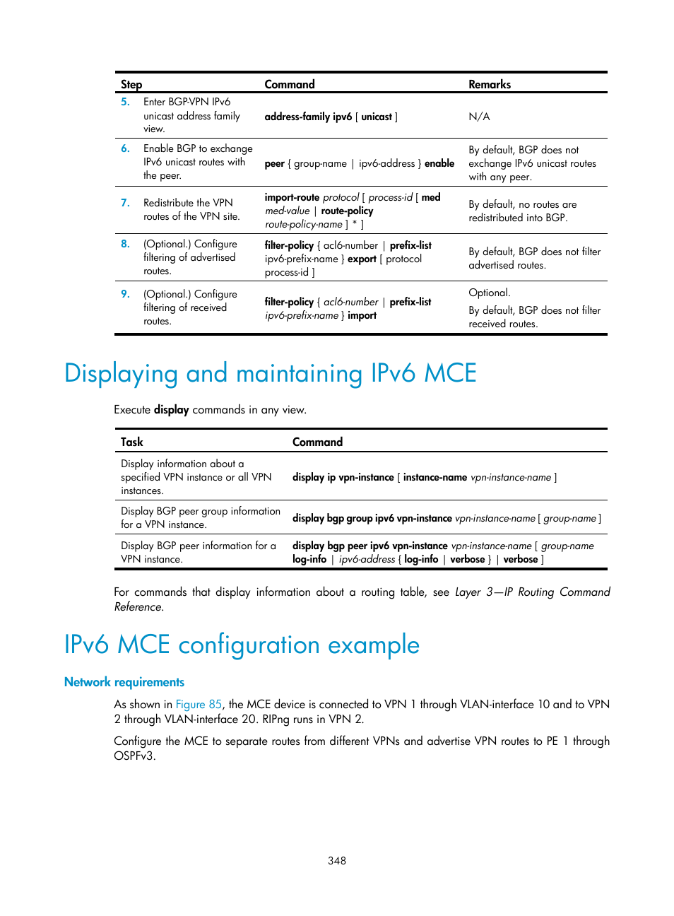 Displaying and maintaining ipv6 mce, Ipv6 mce configuration example, Network requirements | H3C Technologies H3C S12500-X Series Switches User Manual | Page 359 / 397