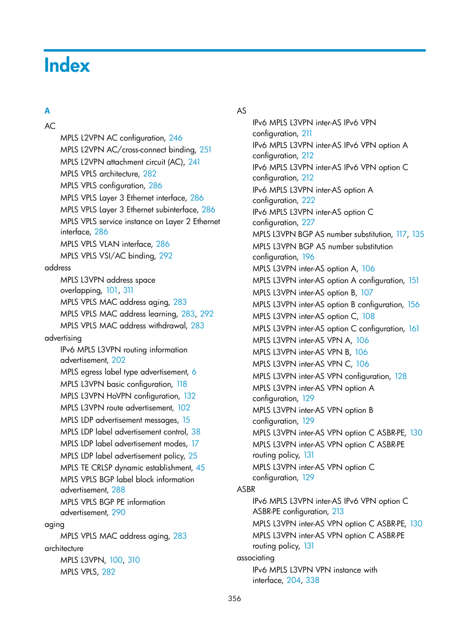 Configuring a vsi, Configuring a pw, Index | H3C Technologies H3C S12500-X Series Switches User Manual | Page 367 / 397