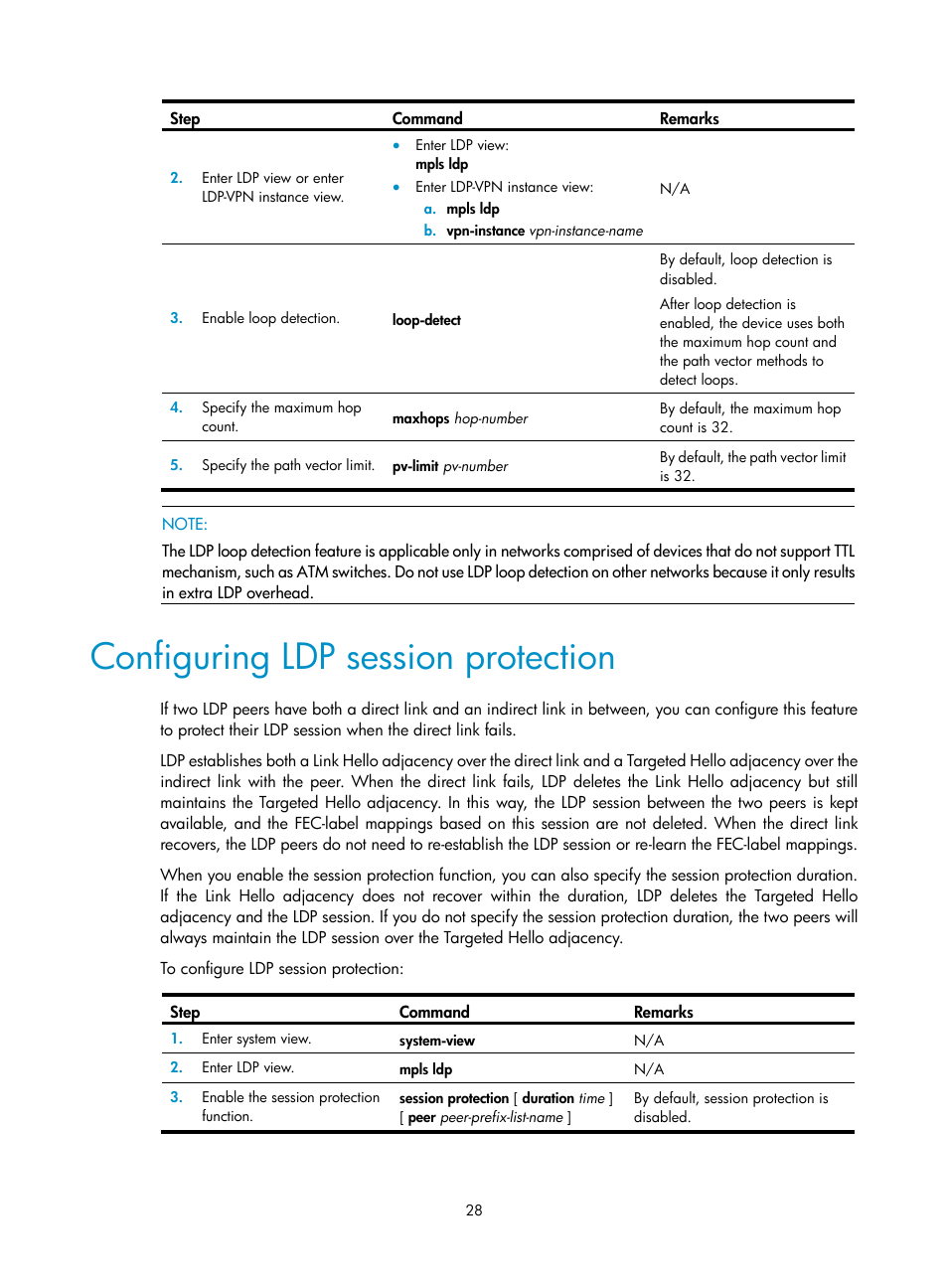 Configuring ldp session protection, Enabling ldp, Enabling ldp globally | Enabling ldp on an interface | H3C Technologies H3C S12500-X Series Switches User Manual | Page 39 / 397