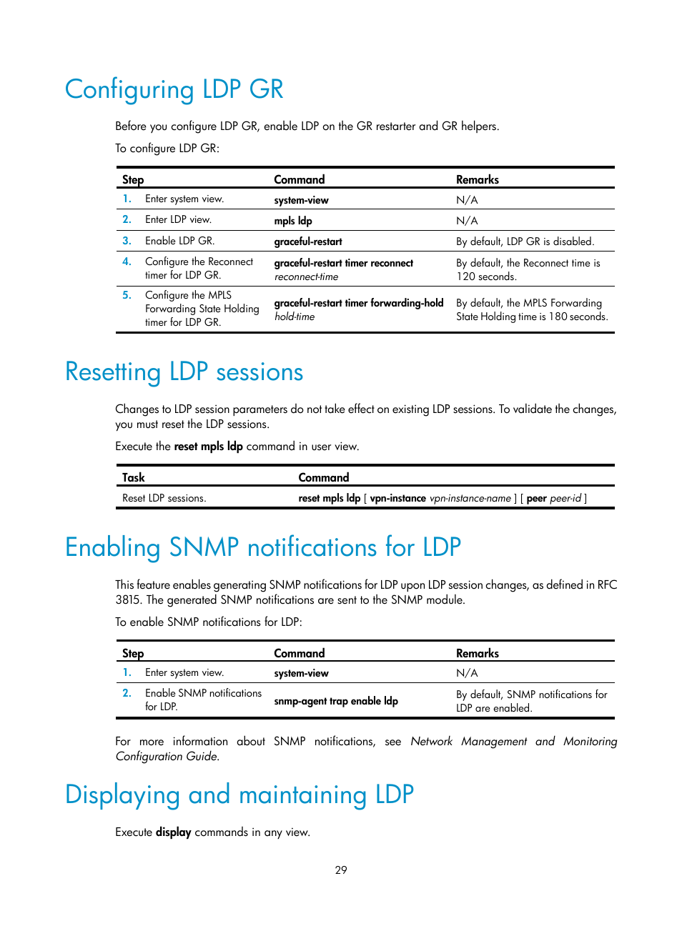 Configuring ldp gr, Resetting ldp sessions, Enabling snmp notifications for ldp | Displaying and maintaining ldp, Configuring hello parameters | H3C Technologies H3C S12500-X Series Switches User Manual | Page 40 / 397