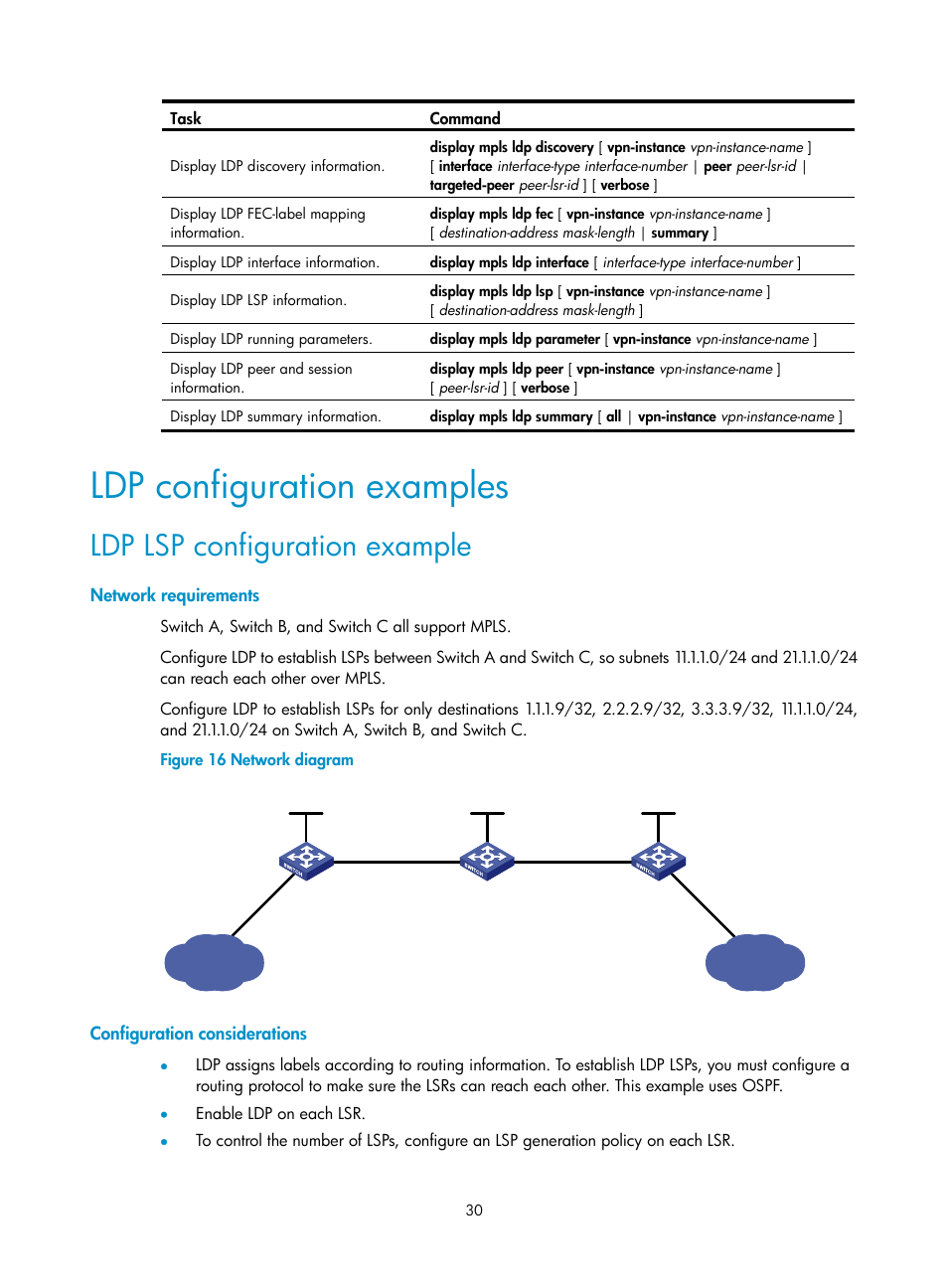 Ldp configuration examples, Ldp lsp configuration example, Network requirements | Configuration considerations, Configuring ldp session parameters | H3C Technologies H3C S12500-X Series Switches User Manual | Page 41 / 397