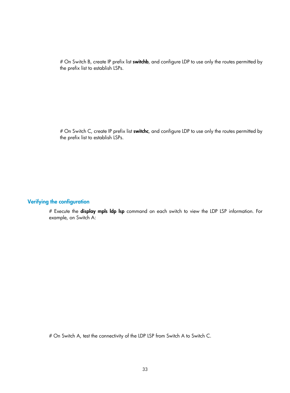 Verifying the configuration, Configuring ldp md5 authentication | H3C Technologies H3C S12500-X Series Switches User Manual | Page 44 / 397