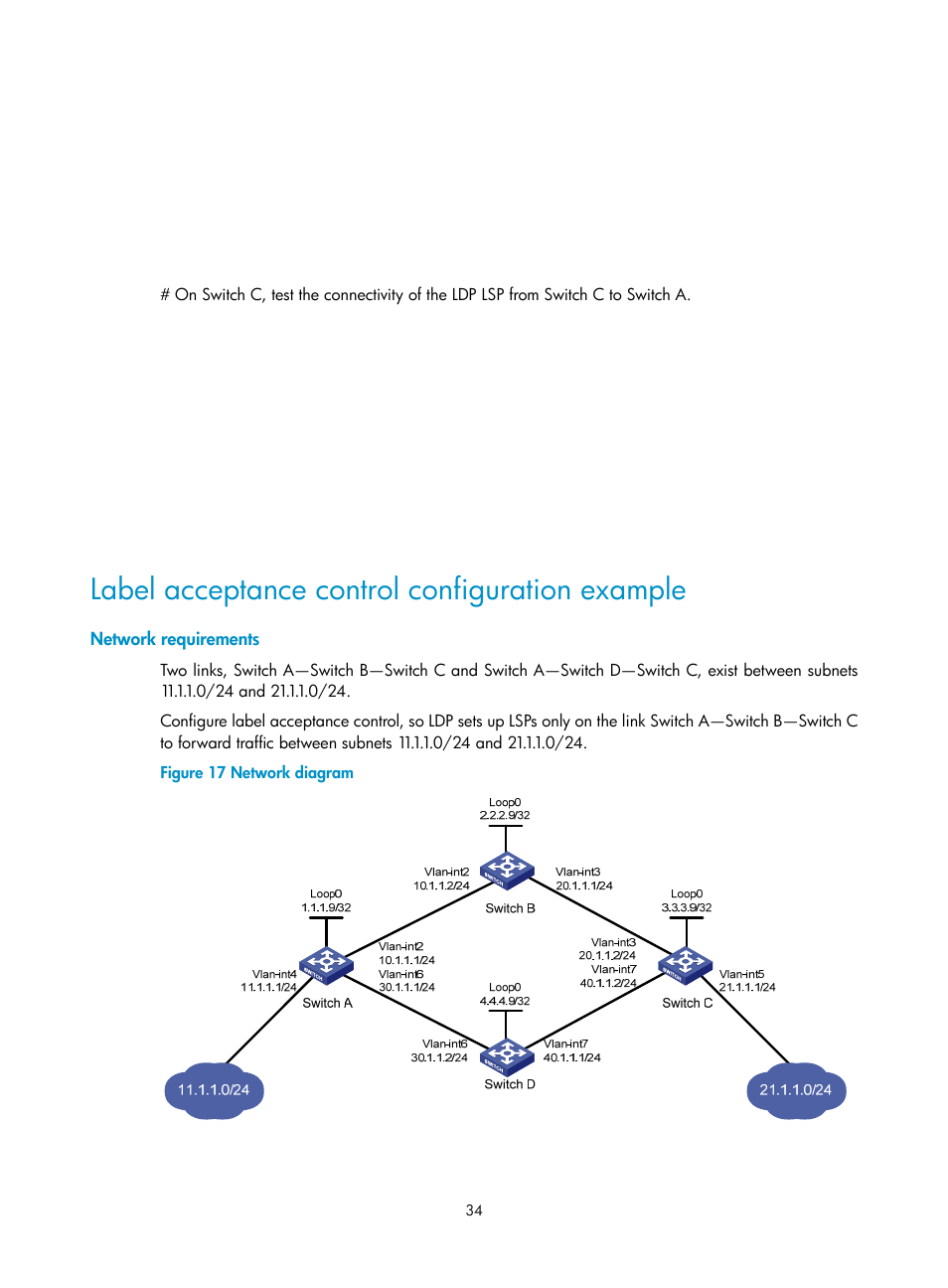 Label acceptance control configuration example, Network requirements, Configuring an lsp generation policy | H3C Technologies H3C S12500-X Series Switches User Manual | Page 45 / 397