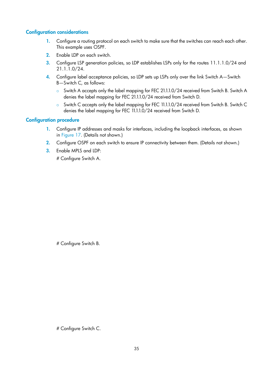 Configuration considerations, Configuration procedure, Configuring a label advertisement policy | H3C Technologies H3C S12500-X Series Switches User Manual | Page 46 / 397