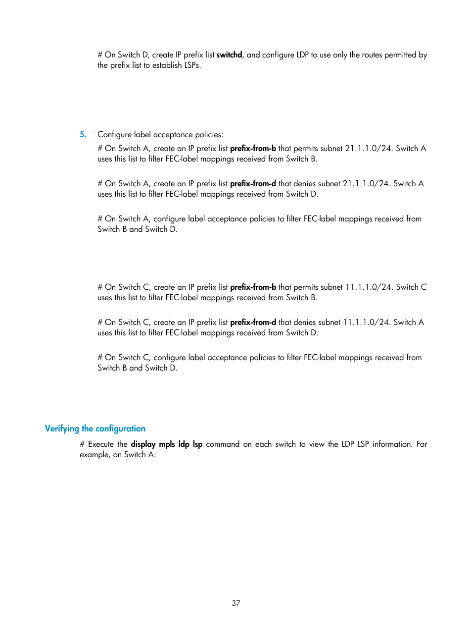 Verifying the configuration, Configuring a label acceptance policy | H3C Technologies H3C S12500-X Series Switches User Manual | Page 48 / 397