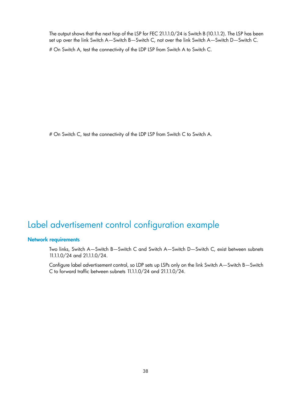 Label advertisement control configuration example, Network requirements, Configuring ldp loop detection | H3C Technologies H3C S12500-X Series Switches User Manual | Page 49 / 397