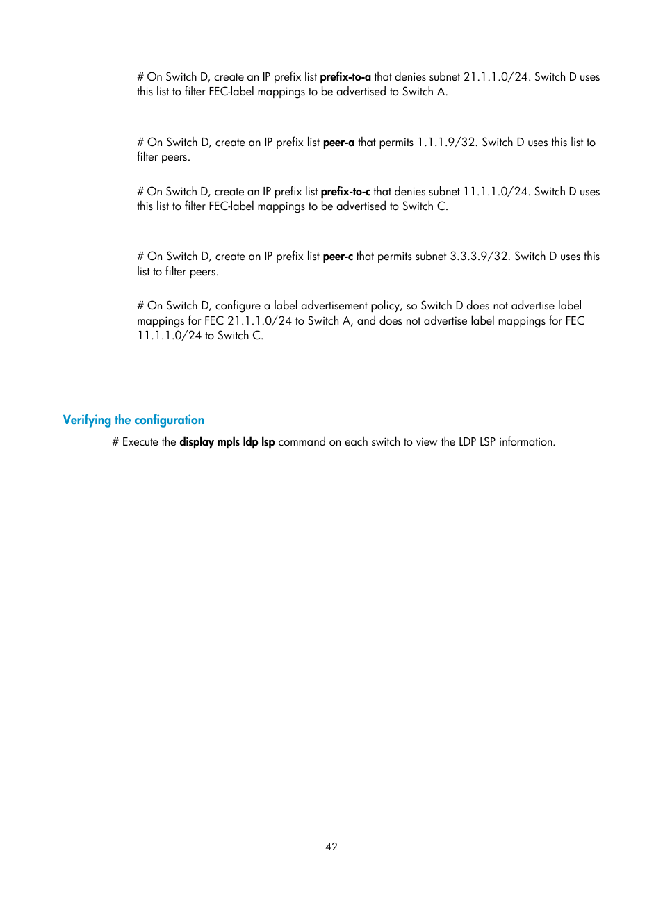 Verifying the configuration, Displaying and maintaining ldp, Ldp configuration examples | H3C Technologies H3C S12500-X Series Switches User Manual | Page 53 / 397